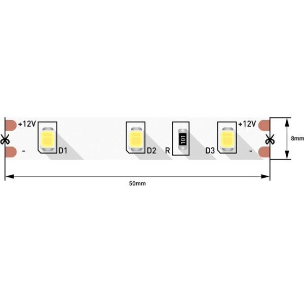 Лента светодиодная 2835/60, 12V, 5м, холодный белый 6000К, IP20, 4.8W/м-3