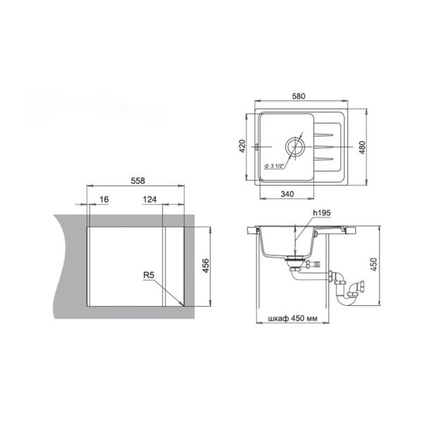 Мойка врезная EW-Е45F, цвет черный, кварц (+сифон)-1