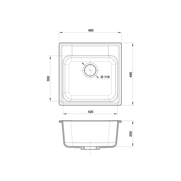 Мойка врезная GF-QUARZ 1-чаш. 480*480, черный-2