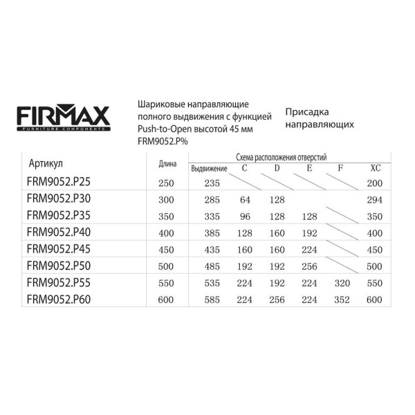Направляющие шариковые Firmax Push-open полного выдвижения, H=45 мм, L=450 мм, цинк (2 части), толщина 1,2*1,2*1,5мм-4