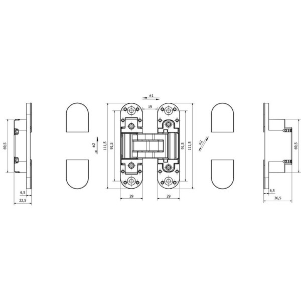 Петля дверная скрытая универсальная, 3D, 111,5x29 мм, 80 кг, белый мат., с 4 пласт. колпачками-1
