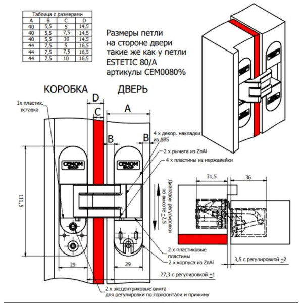 Петля дверная скрытая универсальная со смещением плоскостей, 3D, 111.5x29 мм, 50 кг, цамак хром сатин., с 4 пласт. колпачками-8