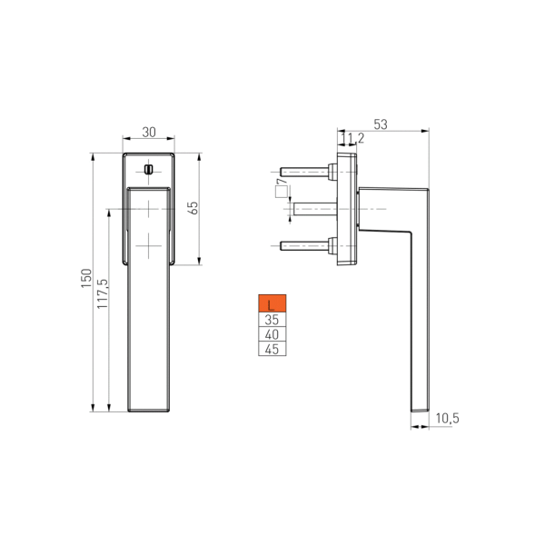 Ручка оконная Internika DUBLIN 40 мм, алюминиевая, 2 винта, антрацит матовый RAL7016M (45°)-4