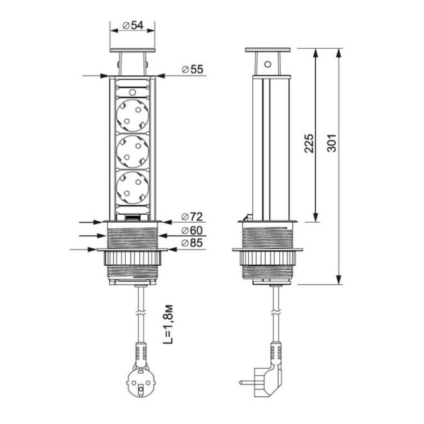 Выдвижной блок розеток D-60мм., серебристый, 3 розетки EURO, 250V, 3.5kW-1
