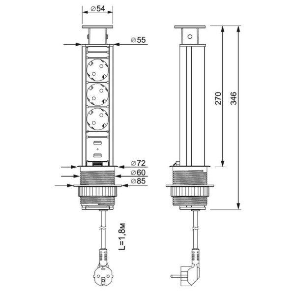 Выдвижной блок розеток D-60мм., серебристый, 3 розетки EURO + 2USB, 250V, 3.5kW-1