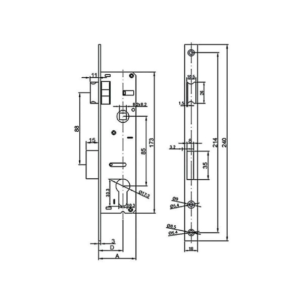 Замок Elementis с ригелем и фалевой защелкой 153 PZ/F16/25/85/8-4