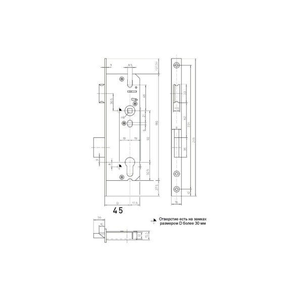 Замок Elementis с фалевой защелкой 9245/PZ/F16/45/92/8-3