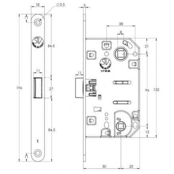 Замок механический WC 50x8x96x6 ширина штульпа 18 мм, универсальный, c винтами, хром матовый-11